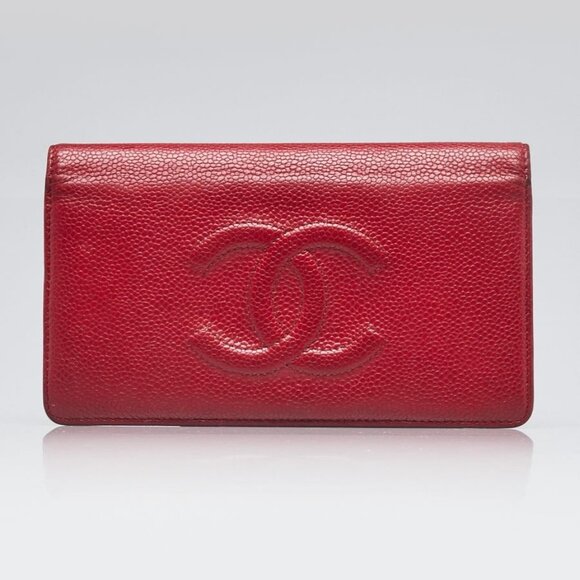 Chanel Red Caviar Leather CC Timeless L Yen Wallet - Picture 1 of 11